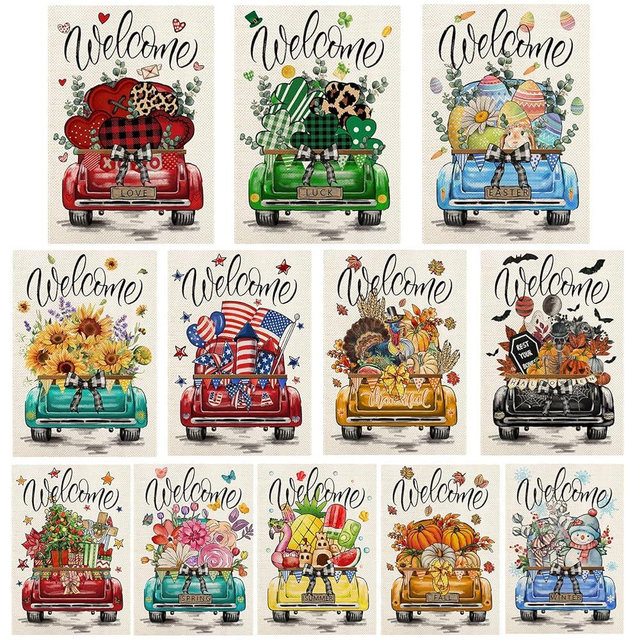 YOVOYOA Rustic Truck Garden Flags for Outside Set of 12, Welcome Seasonal Garden Flags 12x18 Double Sided, Car Garden Flags for All Seasons and Holidays, Winter Spring Outside Decorations for Yard