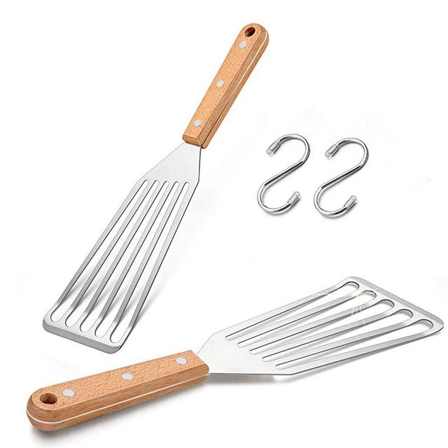 Wooden Handle Fish Spatula Turner Set of 2, Leonyo Stainless Steel Slotted Flex Turner, Kitchen Metal Spatula for Flipping Frying Grilling, Riveted Handle, 2 x S Hooks, Mum Gift Box & Outdoor Indoor
