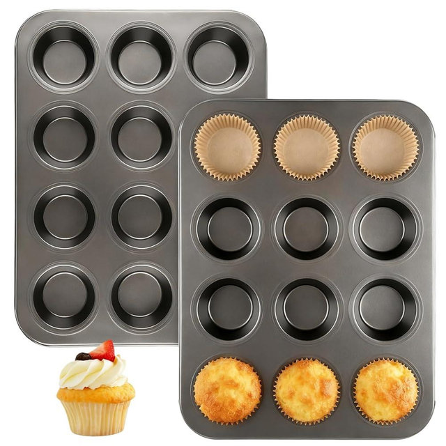 Artcochan 2 Pack Muffin Pan Set,12 Cup Nonstick Carbon Steel Cupcake Pan with 100 Liners,Standard Muffin Tin for Cupcakes and Baking Supplies