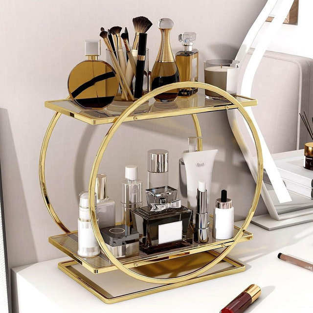 YIWANFW Perfume Organizer for Dresser, 2 Tier Bathroom Counter Organizers and Storage, Gold Bathroom Accessories Makeup Organizer for Vanity Trays, Skincare Organizer Cosmetic Display Perfume Holder