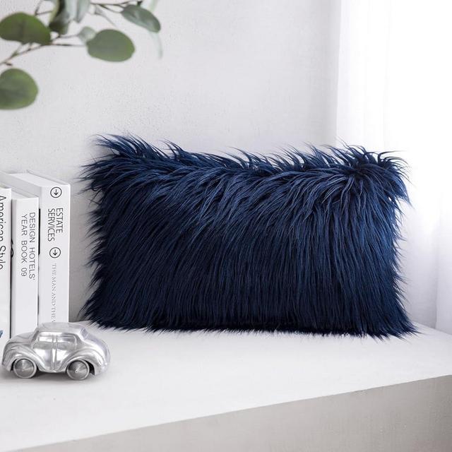 Phantoscope Faux Fur Solid Decorative Pillow Cover Fluffy Throw Pillow Mongolian Luxury Fuzzy Pillow Case Cushion Cover for Bedroom and Couch,Navy Blue 12 x 20 Inches