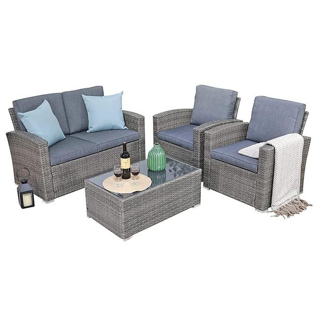 JOIVI Patio Furniture Set, 5 Piece PE Rattan Sectional Outdoor Conversation Sofa Set with Tempered Glass Coffee Table, Dark Gray