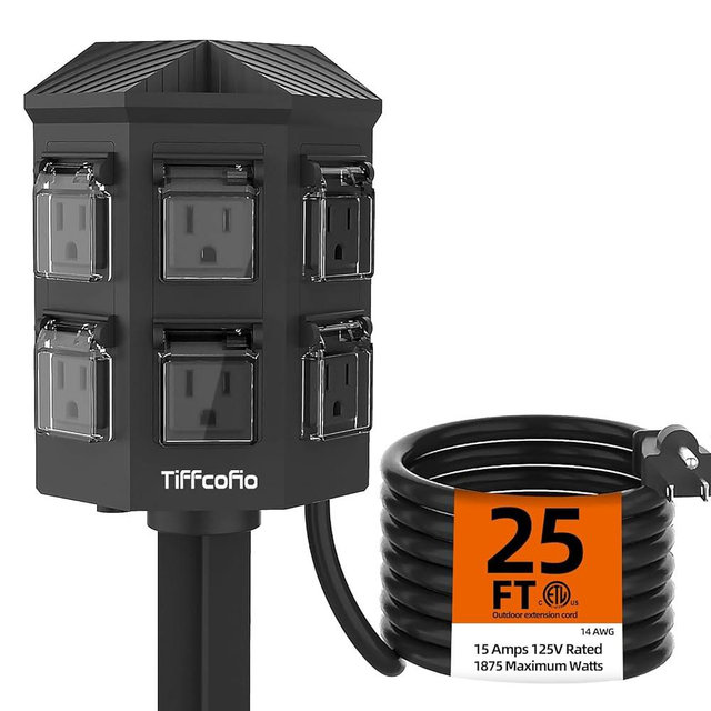 TiFFCOFiO Outdoor Power Strip with Stake, 25 FT Extension Cord Waterproof, 6 Grounded Outlets for Outdoor Lights, Weatherproof, 15A/1875W, ETL Listed