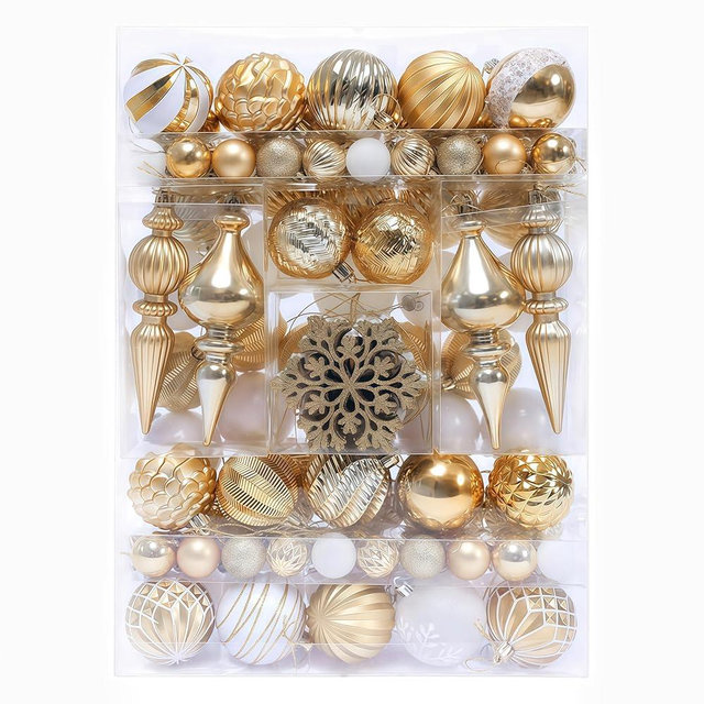 HipTree Christmas Tree Ornaments Decorations Set-116ct 1.18-6.5 Inch Assorted White Gold Shatterproof Decorative Hanging Christmas Ball Ornaments Bulk,Xmas Tree Tabletop Decorations for Holiday Decor