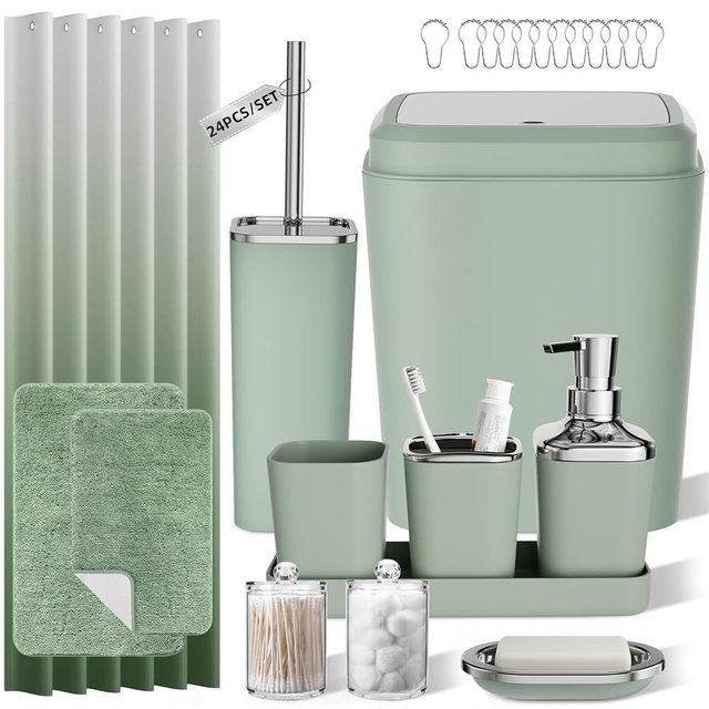 XLHOMO Sage Green Bathroom Set - 24PC Bathroom Sets with Shower Curtain and Rugs, Sage Green Bathroom Accessories Set with Press-on Lid Bathroom Trash Can, Soap Dispenser