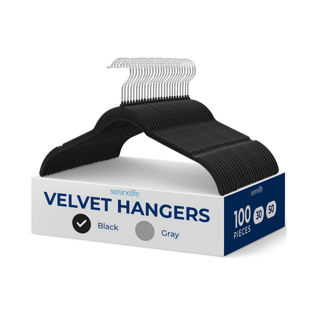 SereneLife 100-Piece Velvet Shirt Hangers - Non-Slip, Sturdy, Space Saving and Heavy Duty Coat Set with 360° Swivel Hook for Clothes (Black
