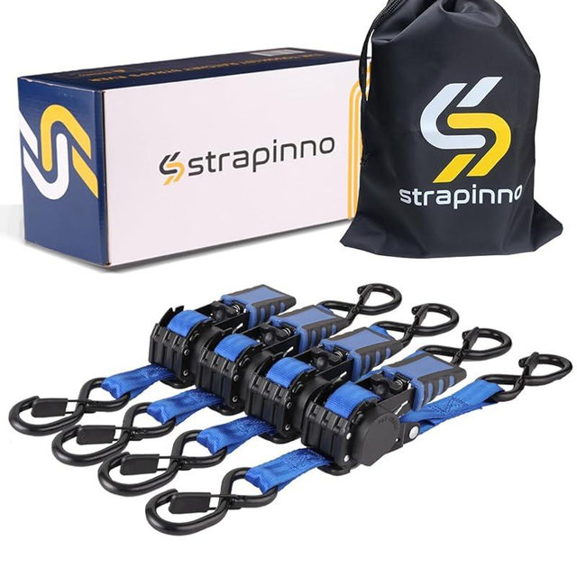 Strapinno 4 Pack Auto Retractable Ratchet Straps Bundle -1 in x 6 ft, 1500 LBS Break Strength Each, Heavy Duty Tie Down Straps for Cargo Securing, Weather Resistant Safety S-Hooks, Blue Strap