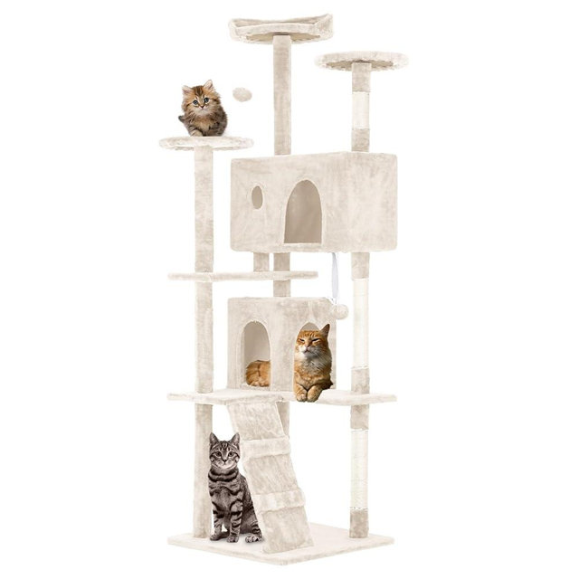 FDW | 70" Cat Tree Tower | Beige | Multi-Level Indoor Activity Center with Sisal Scratching Posts, Condos, Plush Perches, Hanging Cat Toys | Sturdy, Easy to Assemble | for Kittens & Adult Cats