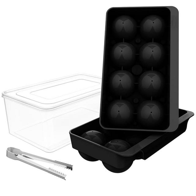 WIBIMEN Large Ice Cube Tray, 2.5INCH Whiskey Ice Mold, 2 Pack Sphere Ice Cube Mold with Bin&Tong, Leak-free Round Ice Cube Mold, Easy Fill & Release Ice Ball Maker for Whiskey Cocktails Bourbon(Black)