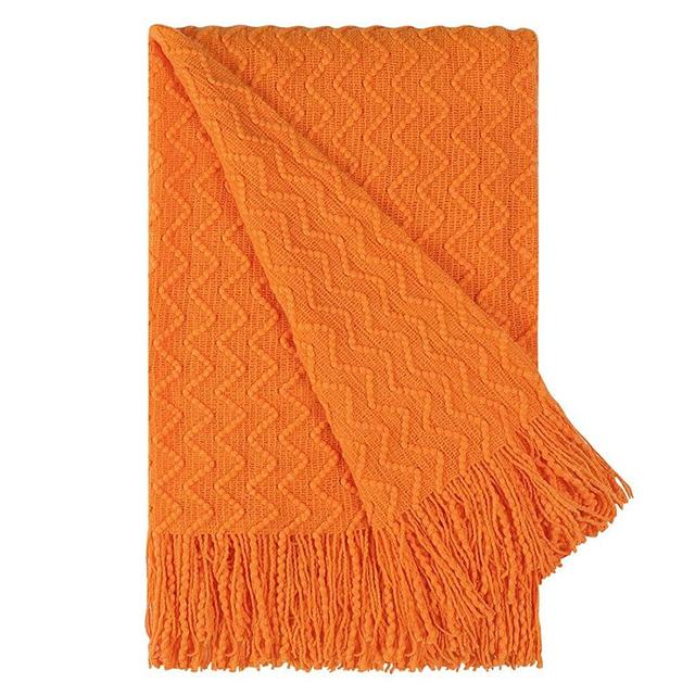 PiccoCasa 100% Acrylic Knit Throw Blanket Orange 50 x 60 Inch, Soft Lightweight Decorative Blanket with Tassels for Couch, Bed, Sofa, Travel,Knitted Blanket Suitable for Home Decor