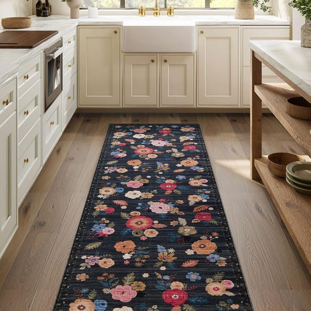 Machine Washable Runner Rug for Hallway: 2'6"x8' Kitchen Runner Rugs with Rubber Backing Non Slip Stain Resistant Floral Floor Rug Soft Carpet Runners for Indoor Entryway Bedroom Bedside Living Room