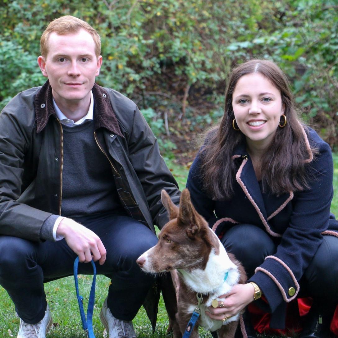 Mads and Camilla with their corgi Georgie in 2020.