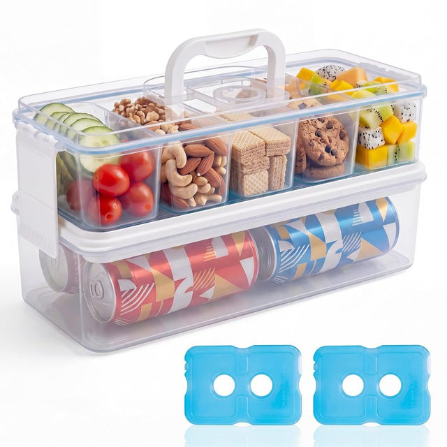 Homelove Snackle Box Container, Snack Organizer Divided Serving Tray with 2 Plastic Ice Packs, Lid with Handle, Double-layer Tray and 5-Compartment Snack Platter for Travel Party Beach Picnic