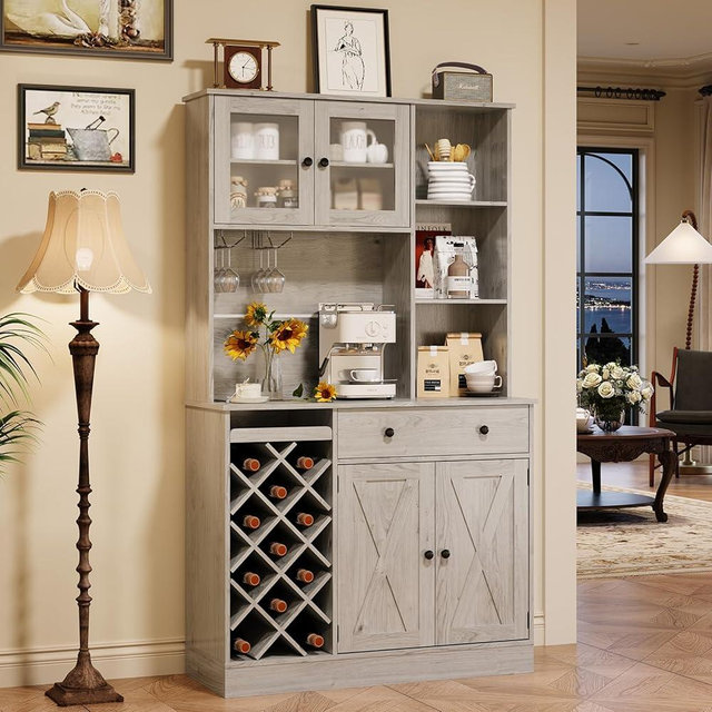 PeacefulHues Coffee Bar Cabinet with Power Outlet & Exquisite Barn Doors, Sideboard Buffet Cabinet with Wine Bottle Rack, Storage Cabinet for Kitchen, Dining Room