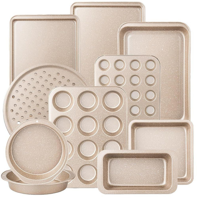 Terlulu 10-Piece Baking Pans Set, Bakeware Sets Nonstick, Baking Set for Oven Cooking, Stackable Carbon Steel Pans Include Cookie Sheets, Muffin Pan, Cake Pan, Pizza Pan, Loaf Pan, Roasting Pan, Gold