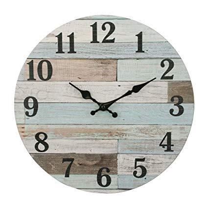 Stonebriar Worn Blue Vintage Coastal 14 Inch Round Hanging Clock, Battery Operated, Rustic Wall Decor for The Living Room, Kitchen, Bedroom, and Patio