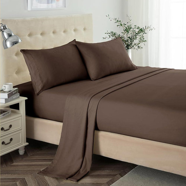 Lanest Housing Queen Sheet Set, 2400 Thread Count Soft Deep Pocket Microfiber Sheets, 4 Pieces Brown Bedding Sheets & Pillowcases
