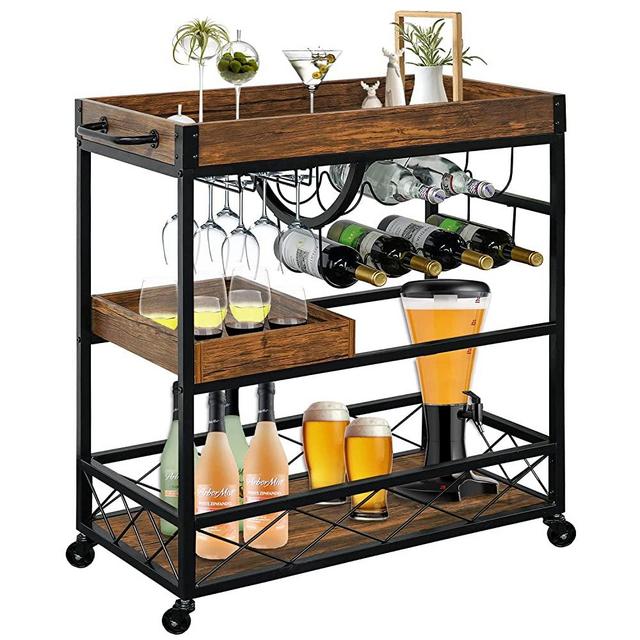 Ohsuaniy Bar Cart for The Home, 3 Tire Industrial Rolling Serving Cart on Lockable Wheels, Alcoholic Beverage Trolley with 2 Removable Trays, Wine Rack and Glass Holder for Indoor, Outdoor