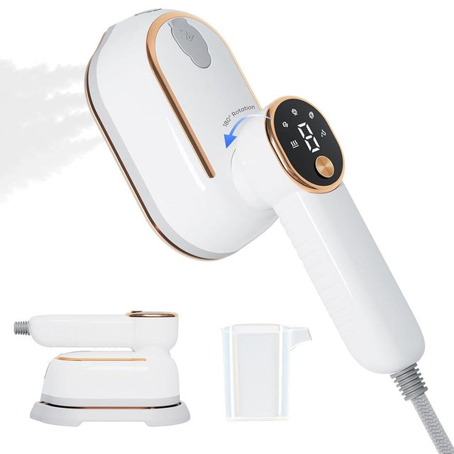 Travel Steamer, Steamer for Clothes, 1200W Clothes Steamer with 10-Second Fast Heat Up, LED Display and 180° Rotatable Handle, Ceramic Soleplate for Travel Home and Office