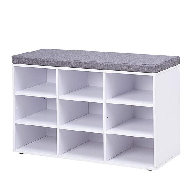 DINZI LVJ Shoe Storage Bench with Cushion, Cubby Shoe Rack with 9 Cubbies, Adjustable Shelves, Multifunctional Shoe Organizer Bench for Entryway, Mudroom, Hallway, Closet and Garage, White