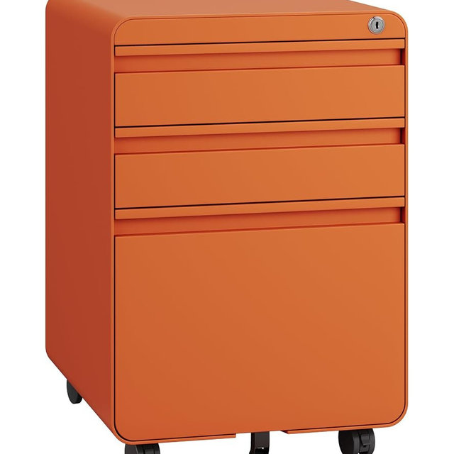 Dripex 3 Drawer Orange File Cabinet, Mobile Under Desk Storage File Cabinet with Lock on Wheels, Letter/Legal Size,Fully Assembled, Small Short Vertical Metal Rolling Filing Cabinets for Home Office
