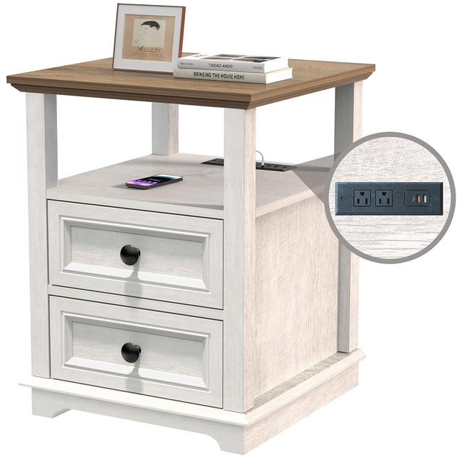 REDAYFUR End Table with Fast USB C Charging Station, 24” Tall Sofa Side Table with 2 Drawers, Large Storage Rustic Wood Square Storage Cabinet for Living Room,Bedroom,Office, White