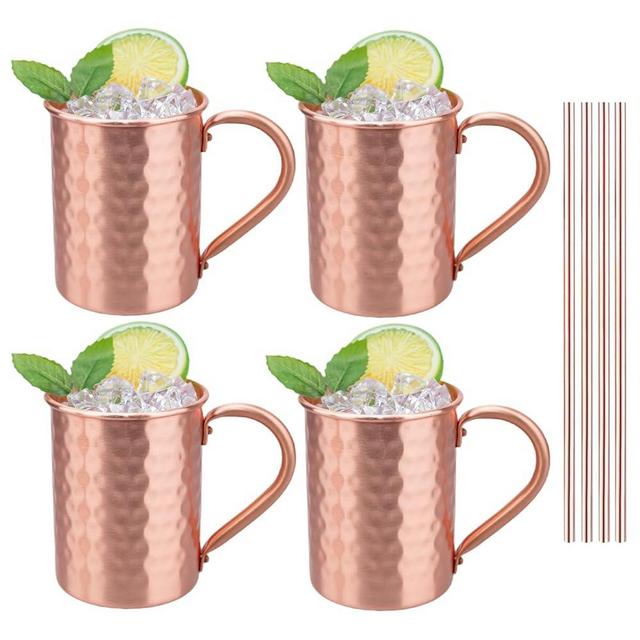 TJ Moscow Mule Mugs Set of 4, 100% Pure Copper Cups 14 oz, Handcrafted Copper Mugs w/Straws, Tarnish Resistant, Gift for Cold Drinks Cocktail Beer Wine Party Bar
