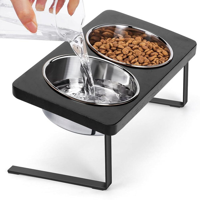 Siooko Elevated Cat Bowls, 15° Tilted Raised Cat Food Bowls Wood Pet Bowls with Stand Anti Vomiting 2 Stainless Steel Bowls for Cats and Puppy