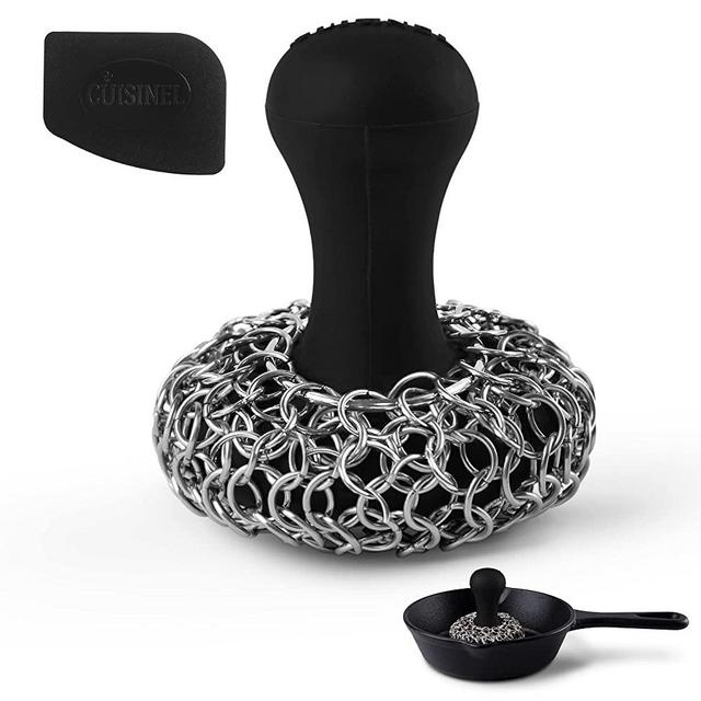 Cast Iron Chainmail Scrubber + Pan Scraper - Ergonomic Stainless and Silicone Cleaner for Pots and Skillets - Premium Food-Safe Design - Easy to Clean Dishwasher Safe Cookware Sponge Kitchen Accessory