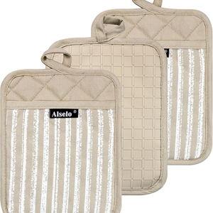 Silicone Pot Holders Set of 3 Heat Resistant & Non Slip Potholders, Professional Oven Hot Pads with Pockets Mitts for Kitchen Cooking Baking Barbecue (Khaki, 3)
