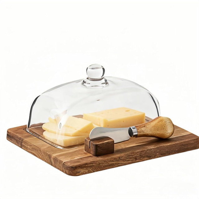 HAN SHENG Wooden Butter Dish with Glass Lid & Knife - Butter Keeper Container with Cutting Board Base, Kitchen Countertop Decor for East/West Coast Sticks