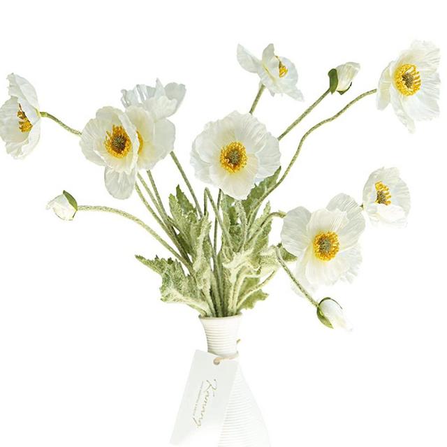 Kamang Artificial Poppy White Silk Flower (3 Stems) for Home Decor, Garden Decor, Wedding, Office. Real Touch Poppy Fake Flower, Artificial Plants Poppy White Christmas Decorations Centerpiece (White)