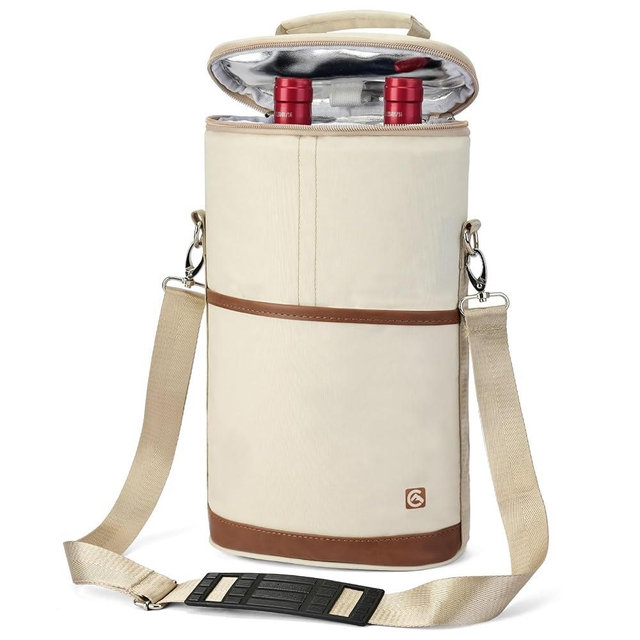 ALLCAMP 2 Bottle Wine Tote Carrier - Insulated Portable Padded Canvas Wine Bag for Travel, BYOB Restaurant, Wine Tasting, Party, Great Christmas Day Gift for Wine Lover，Cream-colored