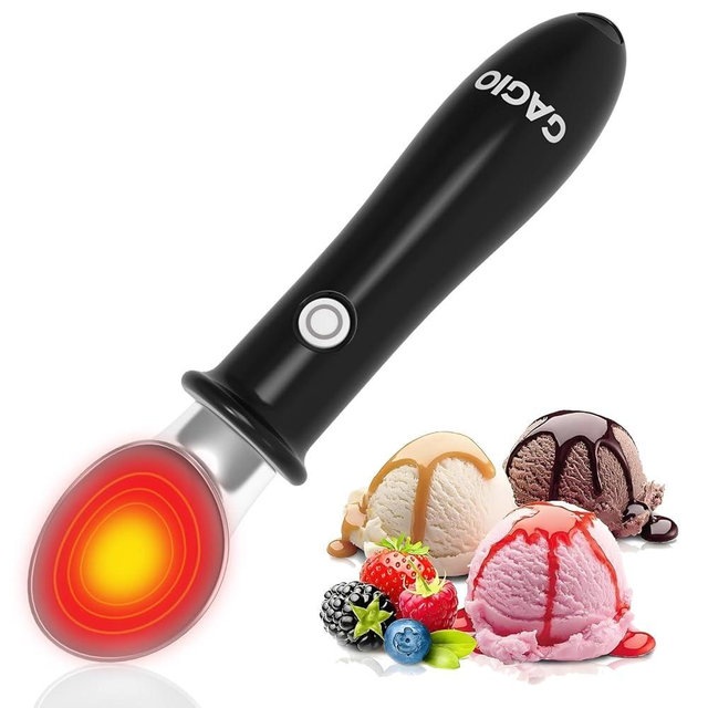 GAGIO Heated Ice Cream Scoop - USB Rechargeable Electric Scooper with Safety Lock, Dual Temp Control 113℉/140℉ for Hard Ice Cream, Waterproof, Ergonomic Handle, Easy to Clean - Black