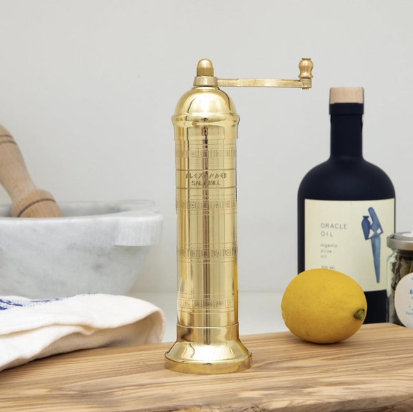 The Original Greek Salt Mill 8 Inch Tall | European Salt Mill Grinder with Crank Handle | Manual Salt Grinder | Salt Refillable - Brass