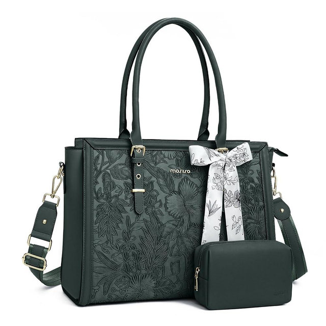 MOSISO Laptop Bag for Women, 17-17.3 inch PU Leather Tote Bag Compatible with MacBook, HP, Dell, Asus Notebook, Front Embossed Retro Hibiscus Computer Bags with Silk Scarf&Clutch Purse, Emerald Green