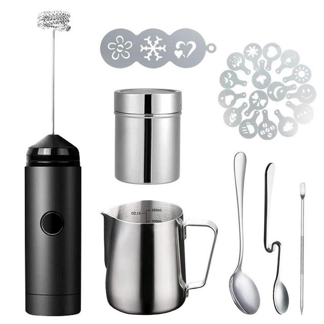 Milk Frother Handheld Coffee Art Set - with Milk Frother Pitcher, Powder Cocoa Shaker, Latte Art Pen, Coffee Stencils, Coffee Spoons