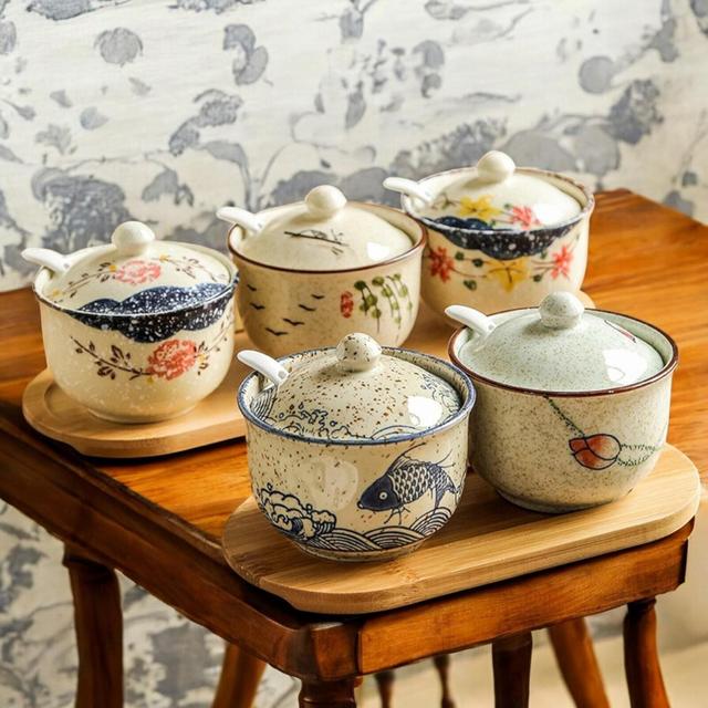 Ceramic Spice Jar with Lid & Spoon | Seasoning Container for Kitchen | Oil, Pepper, Salt Storage | Japanese Style Condiment Pot