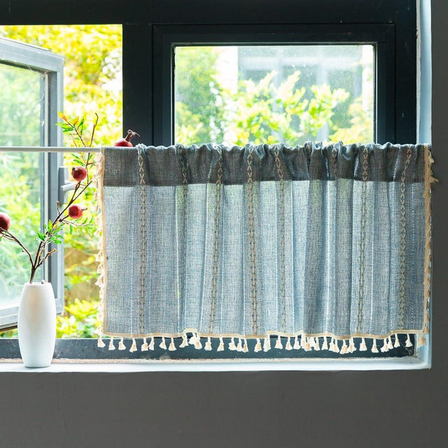 Sutuo Home Blue Boho Curtain 52W x 18L inch White Striped Light Filtering Short Valance, 1 Panel Embroidery Bohemian Farmhouse Country Kitchen Window Treatment Decor for Small Closet
