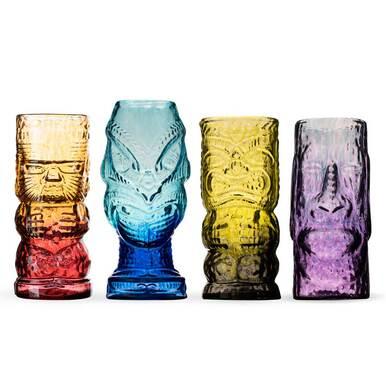Andrew Iannazzi Handcrafted Mold Blown Colored Glass Tiki Mugs - Set of 4