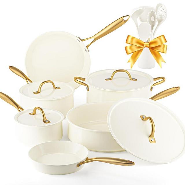 Pots and Pans Set Non Stick - VONIKI Ceramic Cookware Set with Cooking Utensils Set, Non Toxic Kitchen Cookware Sets Dutch Oven Pot with Lid Saucepan Set Sauté Pan Frying Pan Set for Cooking Gifts