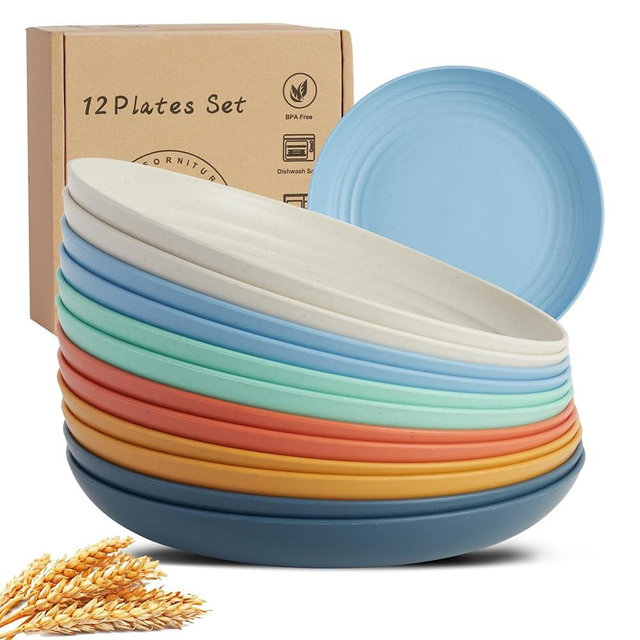 Wheat Straw Plates, 9 Inch Unbreakable Dinner Plates Set of 12, Dishwasher & Microwave Safe Plastic Plates Reusable, Lightweight Plates for kitchen, camping