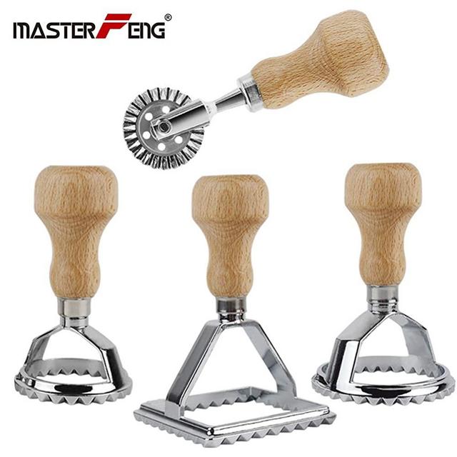 MASTER FENG Ravioli Stamp Set, Ravioli Maker Cutter Stamp, Mold with Wooden Handle and Fluted Edge (4 Set with Cutter)
