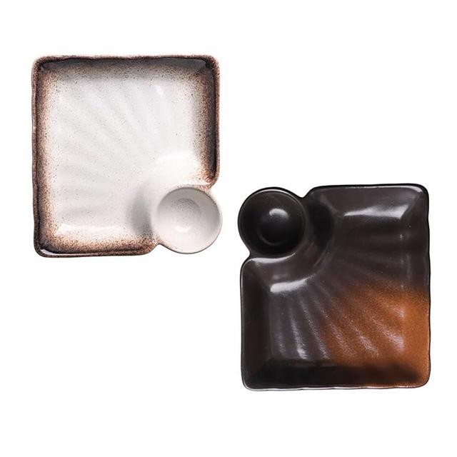 FYUEROPA Ceramic Dumpling Plate with Dipping Saucer, Sushi Dish, Serving Dish Chips and Snack Plate, Japanese Style, 7.5 Inch, Set of 2 (Brown)