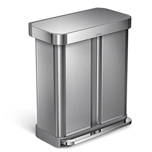 simplehuman Liner Rim Dual Bucket Rectangular Recycling Step Trash Can with Liner Pocket, Stainless Steel, 58 Liter / 15 Gallon