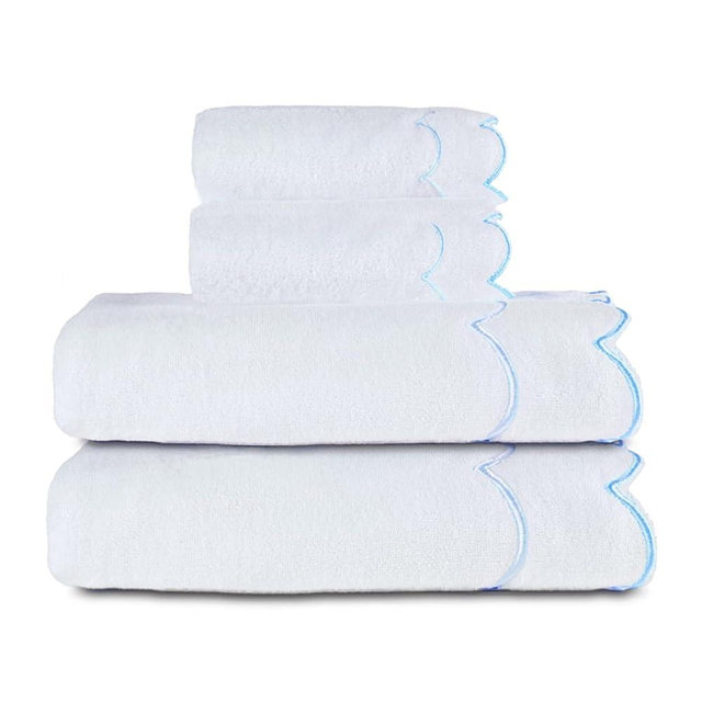 RRBXIA 4 Set 100% Cotton Bath Towels Set 2 Bath Towels 2 Hand Towels Embroidered Decorative Scalloped Towels Soft Cute Towel for Bathroom (Blue)