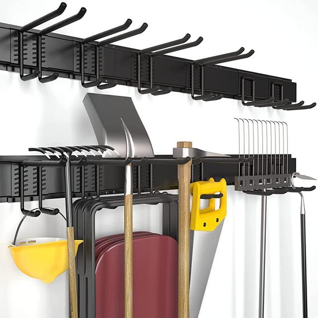 T-SIGN Reinforced Garage Organizer Rack - Wall Mount Lawn Tool Storage - Yard Tool Hanger Garden Organization for Garden Tools, Bikes, Folding Chair, Ski, Max Load 450bls, Black