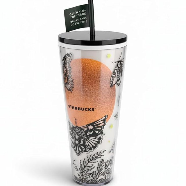 Starbucks Halloween 2025 Moth Moon Glow In The Dark Night Tumbler 24oz – Limited Edition Stainless Steel Cold Cup with Straw for Iced Beverages