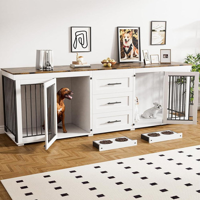 Rophefx 94.5" Dog Crate Furniture for 2 Dogs, Large Dog Kennel Furniture with 3 Storage Drawer, Wooden Dog Cage with 4 Bowls, Indoor Dog House TV Stand with Locks for Large Medium Dog, White Brown