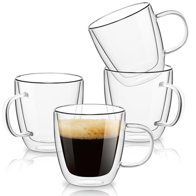 OJA 5.5 oz Espresso Cups, Double Wall Glasses Espresso Cups Set of 4, with Handles Perfect for Cappuccino, Latte, Tea, Clear Glass Espresso Shot Cups Suitable for Espresso Machine